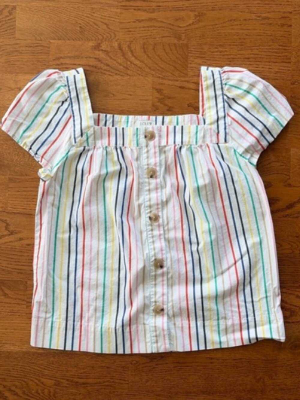 J. Crew Rainbow Striped Button Front Cotton Poplin Square Neck Top White Shirt